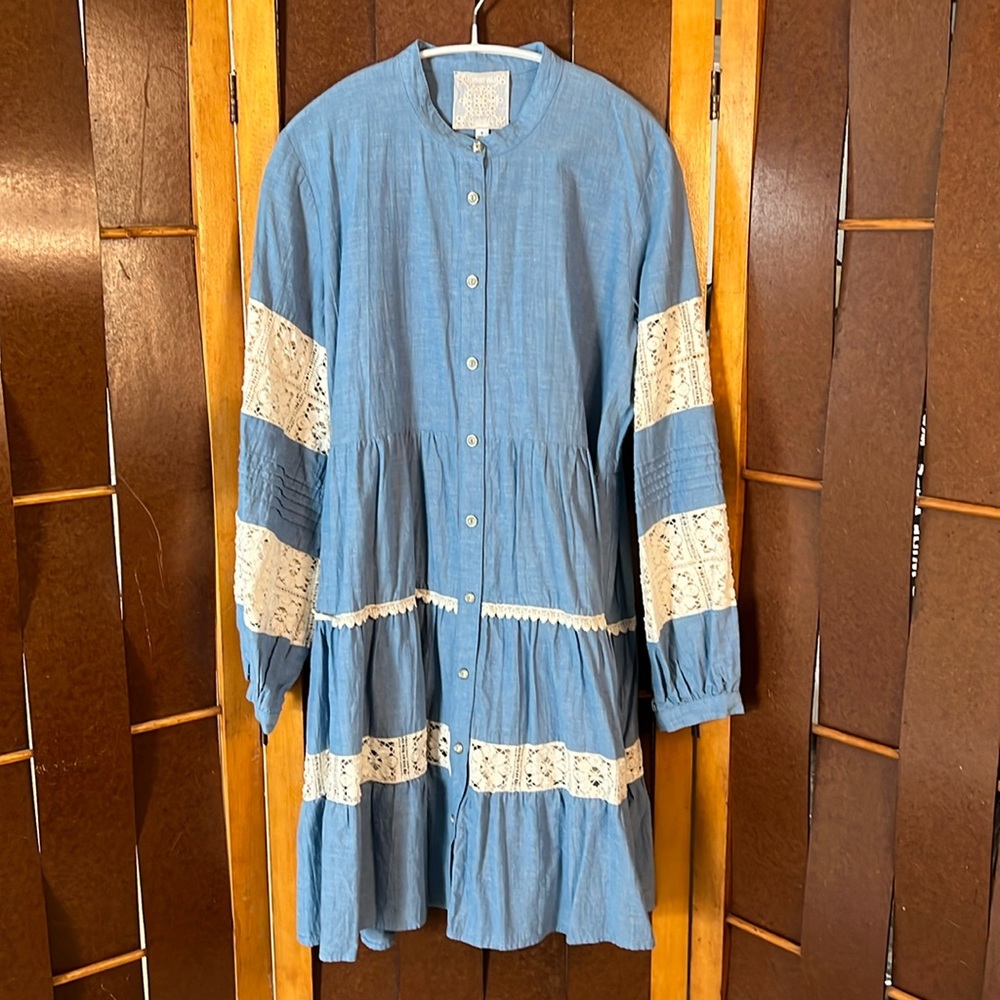 Johnny Was Jade chambray and lace dress.